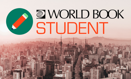 World Book Student logo with city at sunset in background